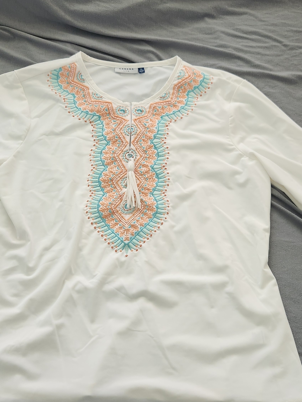 Cabana Life White Tunic with Peach & Aqua Embroidery Tassel